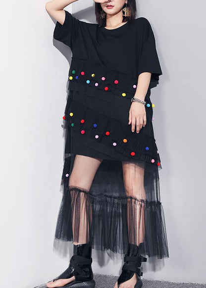 Classy black cotton clothes For Women o neck patchwork tulle Art summer Dresses - SooLinen