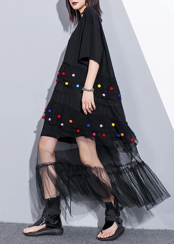 Classy black cotton clothes For Women o neck patchwork tulle Art summer Dresses - SooLinen