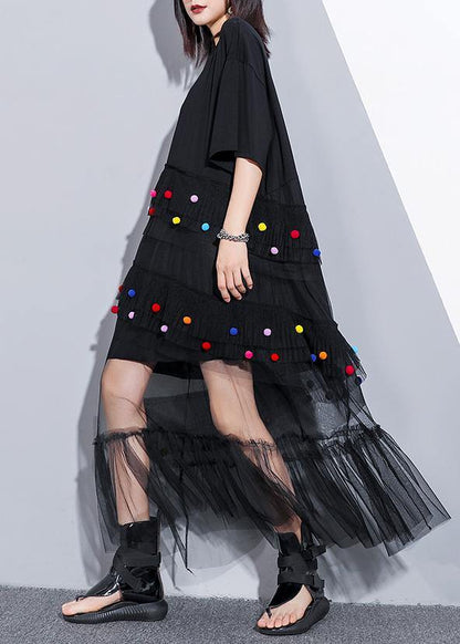 Classy black cotton clothes For Women o neck patchwork tulle Art summer Dresses - SooLinen