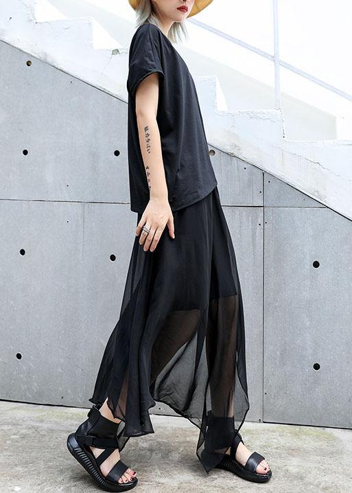 Classy black cotton clothes asymmetric short sleeve tunic summer blouses - SooLinen