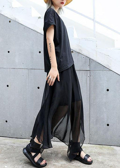 Classy black cotton clothes asymmetric short sleeve tunic summer blouses - SooLinen