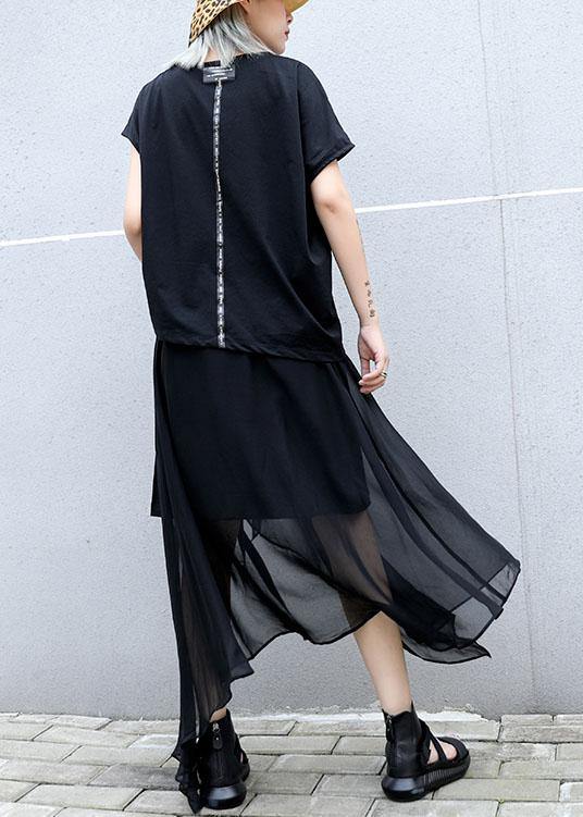 Classy black cotton clothes asymmetric short sleeve tunic summer blouses - SooLinen