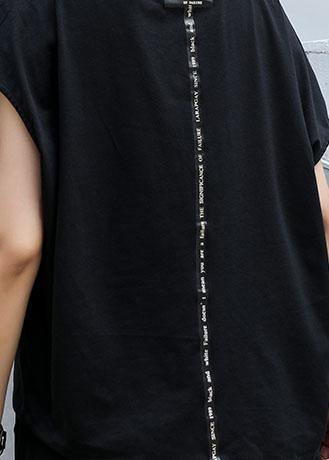 Classy black cotton clothes asymmetric short sleeve tunic summer blouses - SooLinen