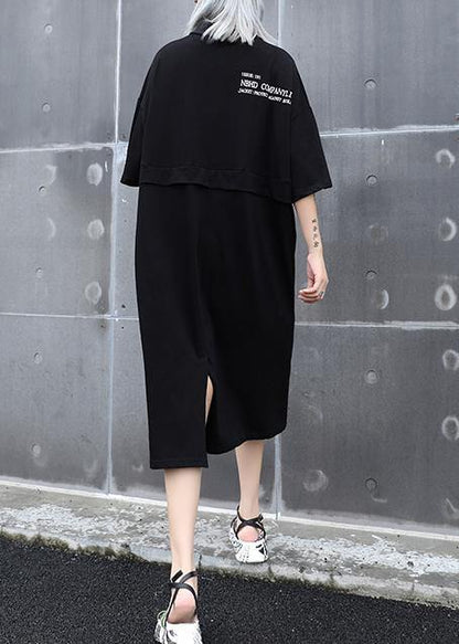 Classy black cotton outfit lapel back side open cotton robes summer Dress - SooLinen