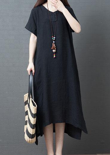 Classy black cotton quilting dresses o neck side open Plus Size summer Dress - SooLinen