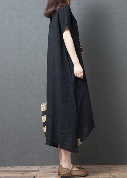 Classy black cotton quilting dresses o neck side open Plus Size summer Dress - SooLinen