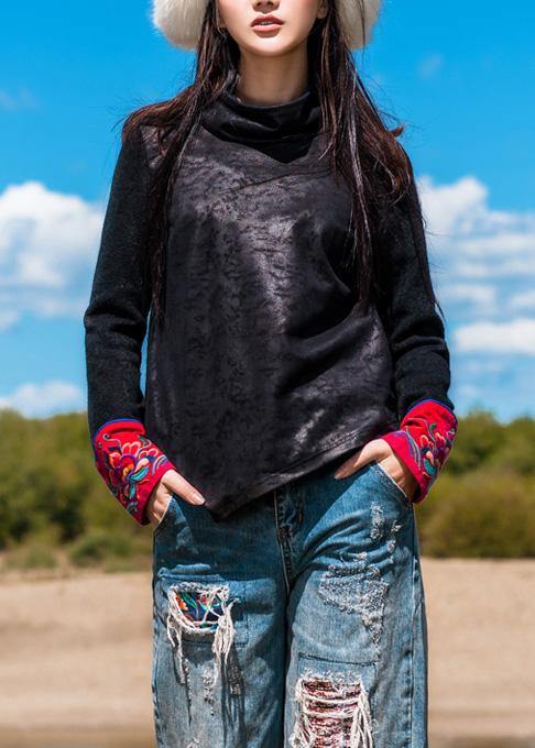 Classy black cotton tunic top asymmetric Dresses patchwork sleeve blouses - SooLinen