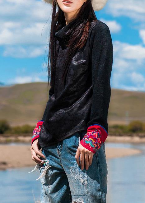 Classy black cotton tunic top asymmetric Dresses patchwork sleeve blouses - SooLinen