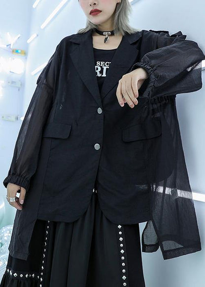 Classy black cotton tunic top tulle patchwork daily fall blouse - SooLinen