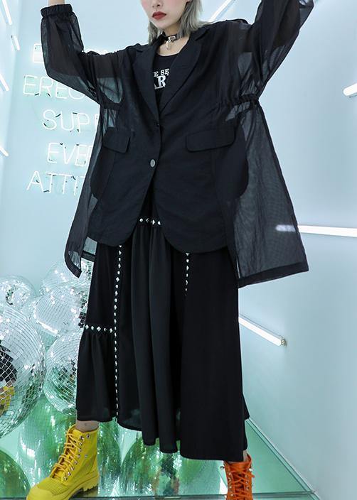 Classy black cotton tunic top tulle patchwork daily fall blouse - SooLinen