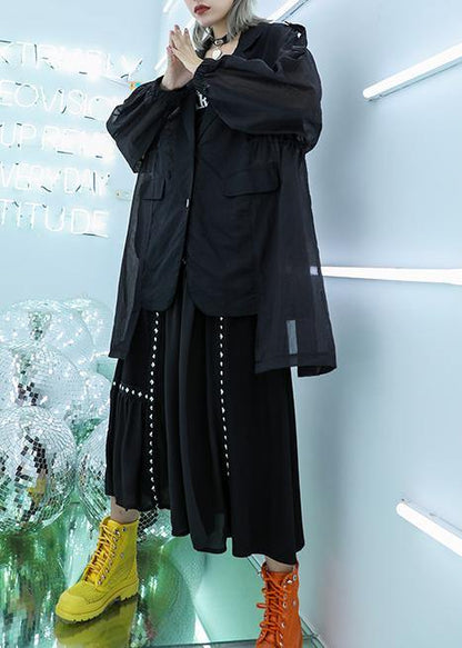 Classy black cotton tunic top tulle patchwork daily fall blouse - SooLinen