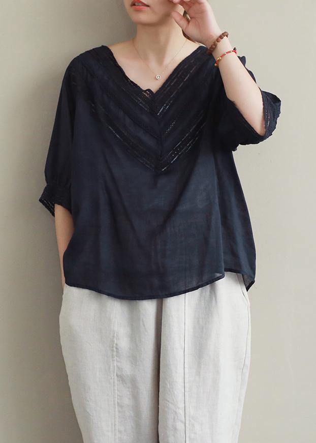 Classy black hollow out linen clothes v neck half sleeve Midi blouses - SooLinen