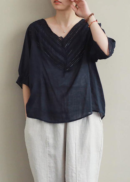 Classy black hollow out linen clothes v neck half sleeve Midi blouses - SooLinen