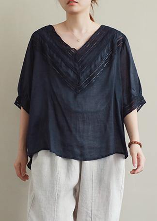 Classy black hollow out linen clothes v neck half sleeve Midi blouses - SooLinen