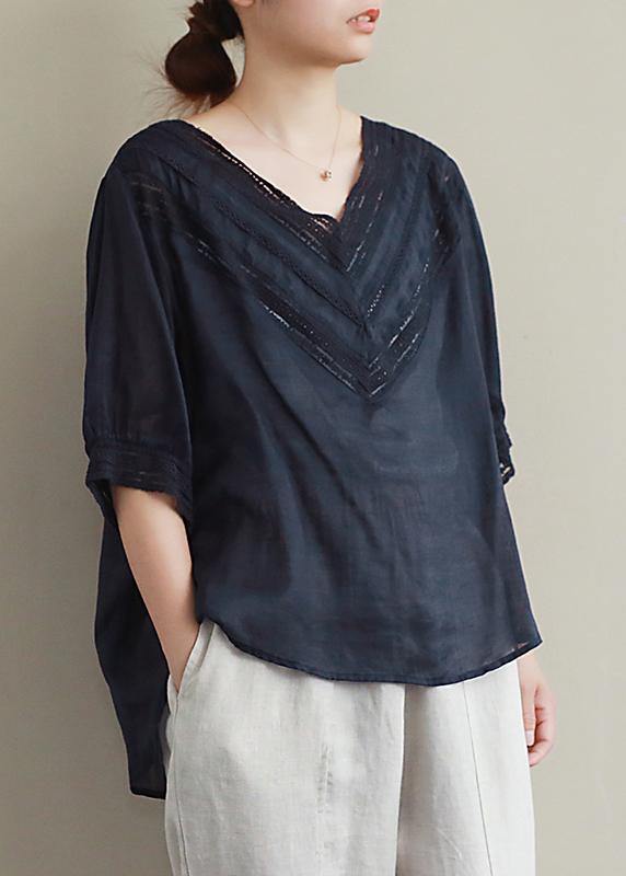 Classy black hollow out linen clothes v neck half sleeve Midi blouses - SooLinen