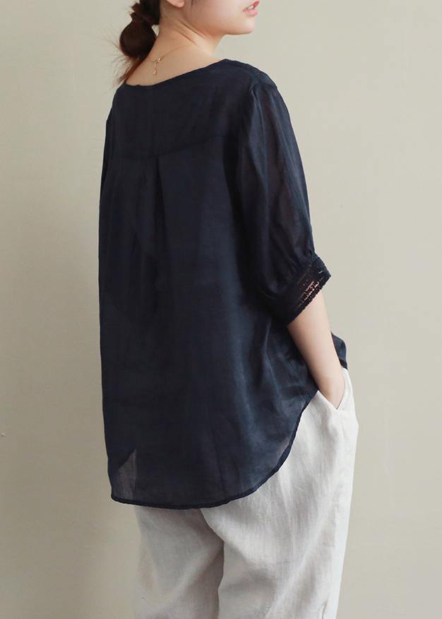 Classy black hollow out linen clothes v neck half sleeve Midi blouses - SooLinen