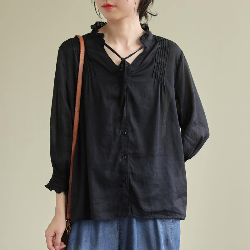 Classy black linen Blouse stand collar utton Down daily blouses - SooLinen