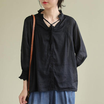 Classy black linen Blouse stand collar utton Down daily blouses - SooLinen