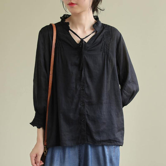 Classy black linen Blouse stand collar utton Down daily blouses - SooLinen