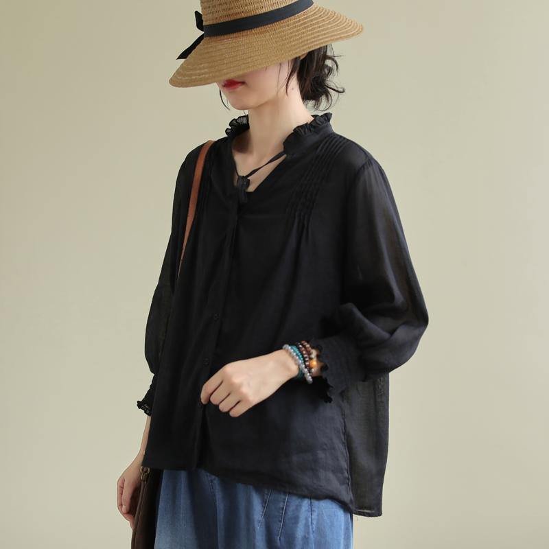 Classy black linen Blouse stand collar utton Down daily blouses - SooLinen