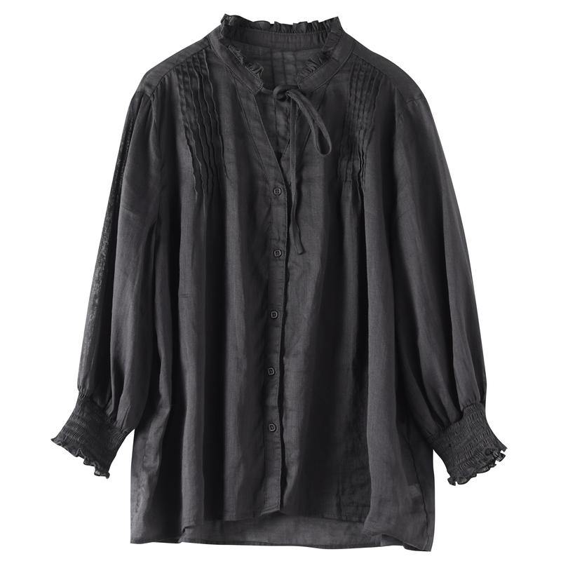 Classy black linen Blouse stand collar utton Down daily blouses - SooLinen