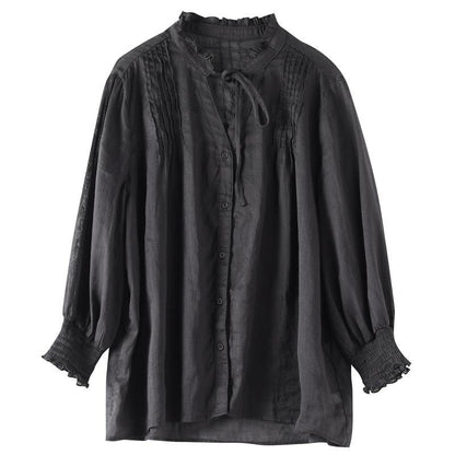 Classy black linen Blouse stand collar utton Down daily blouses - SooLinen