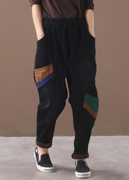Classy black pant plus size elastic waist patch Sewing wild pants - SooLinen