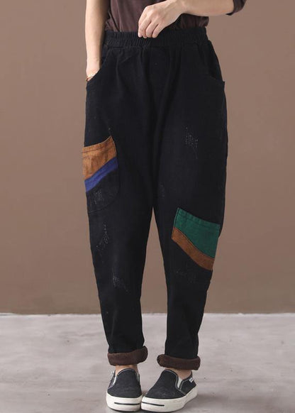 Classy black pant plus size elastic waist patch Sewing wild pants - SooLinen