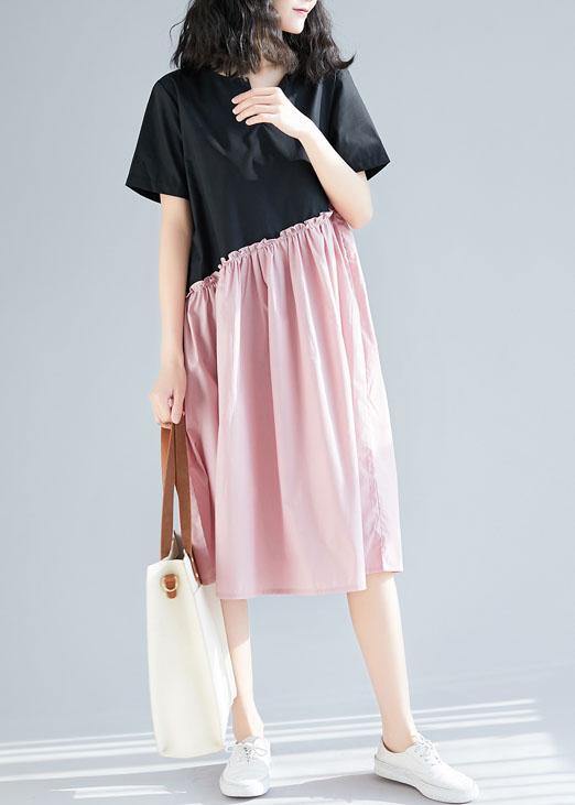 Classy black patchwork pink cotton tunic dress v neck long summer Dress - SooLinen