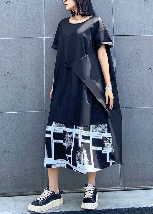 Classy black print clothes For Women o neck asymmetric Robe summer Dress - SooLinen