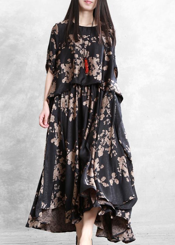 Classy black print dress o neck false two pieces Maxi Dress - SooLinen
