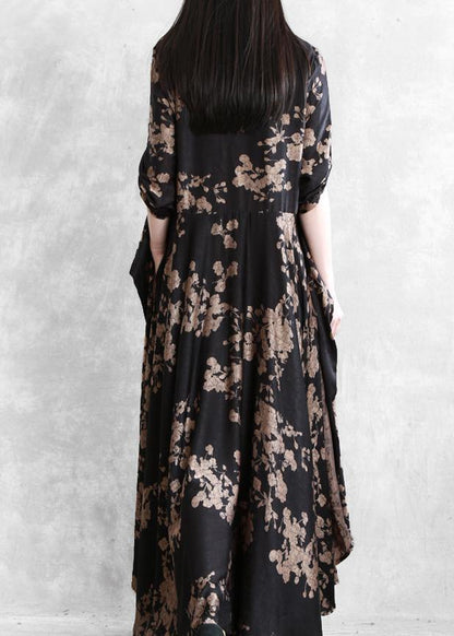 Classy black print dress o neck false two pieces Maxi Dress - SooLinen