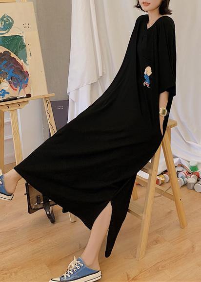 Classy black side open cotton dresses v neck Maxi summer Dresses - SooLinen