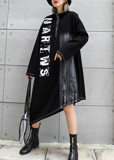 Classy black stand collar zippered cotton dress asymmetric Maxi fall Dresses - SooLinen
