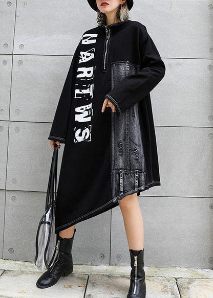 Classy black stand collar zippered cotton dress asymmetric Maxi fall Dresses - SooLinen