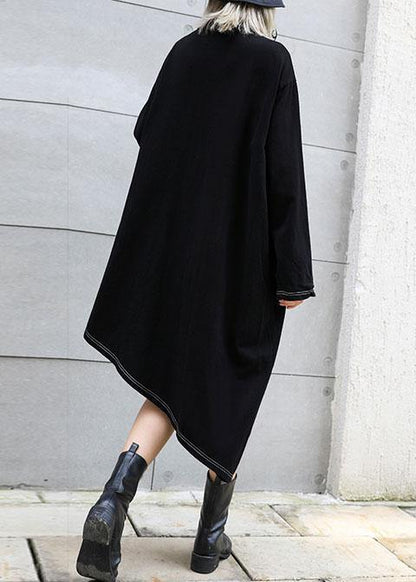 Classy black stand collar zippered cotton dress asymmetric Maxi fall Dresses - SooLinen