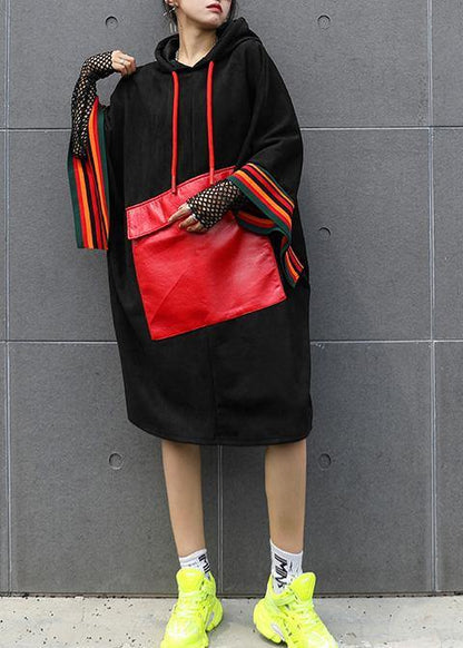 Classy black top hooded Large pockets short fall blouse - SooLinen