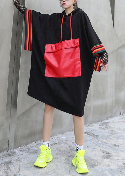 Classy black top hooded Large pockets short fall blouse - SooLinen