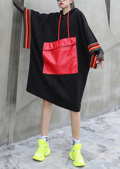 Classy black top hooded Large pockets short fall blouse - SooLinen