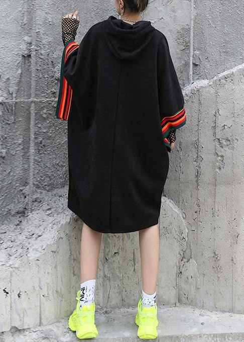 Classy black top hooded Large pockets short fall blouse - SooLinen