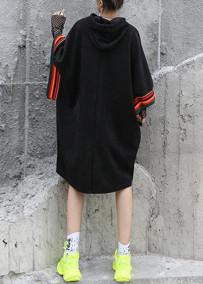 Classy black top hooded Large pockets short fall blouse - SooLinen