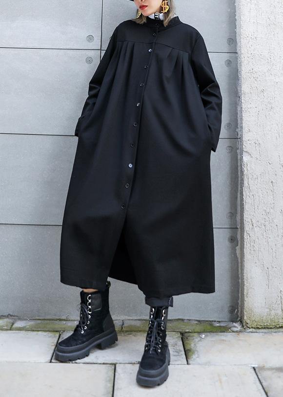Classy black fine outfit Work Outfits stand collar Button fall coat - SooLinen
