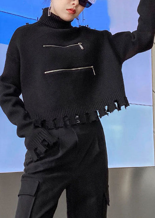 Edler schwarzer Rollkragenpullover mit Reißverschluss und Loch