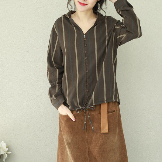 Edle schwarzgrün gestreifte Baumwolloberteile für Damen, Boutique-Arbeitsoutfits, Kapuzen-Tunika-Shirts