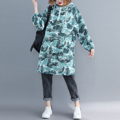 Edles blaues Baumwoll-Tunikakleid, pakistanische Modeideen, Kleider mit Kapuze und Kunstdruck