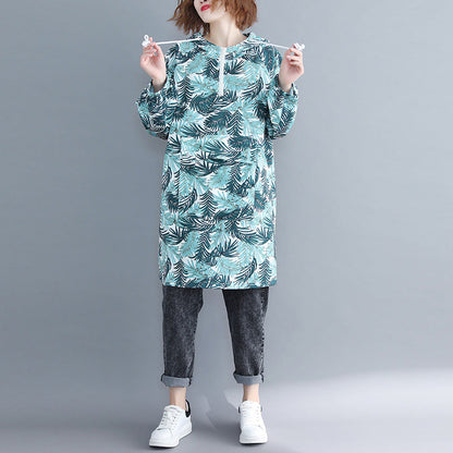 Edles blaues Baumwoll-Tunikakleid, pakistanische Modeideen, Kleider mit Kapuze und Kunstdruck