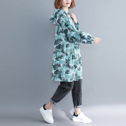 Edles blaues Baumwoll-Tunikakleid, pakistanische Modeideen, Kleider mit Kapuze und Kunstdruck