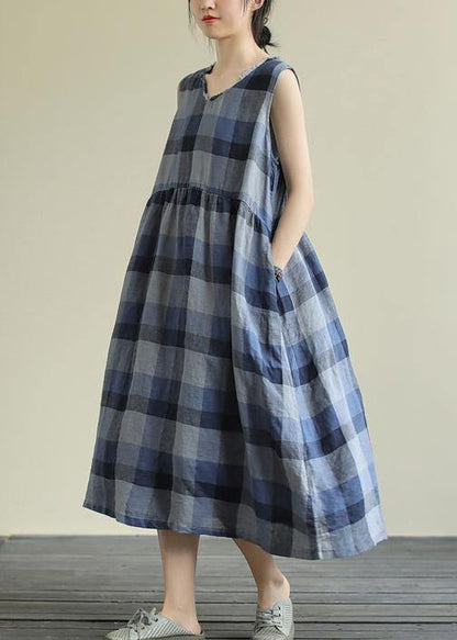 Classy blue plaid cotton clothes o neck pockets Art Dresses - SooLinen