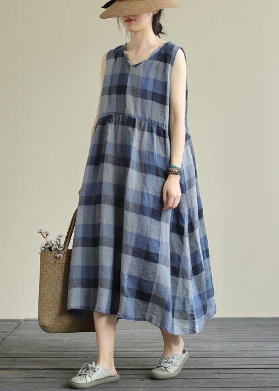 Classy blue plaid cotton clothes o neck pockets Art Dresses - SooLinen