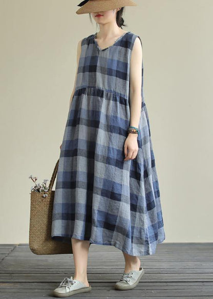 Classy blue plaid cotton clothes o neck pockets Art Dresses - SooLinen